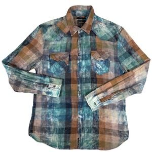 True Religion Shirt Mens Medium Slim Fit Plaid Acid Wash Western Blue Brown